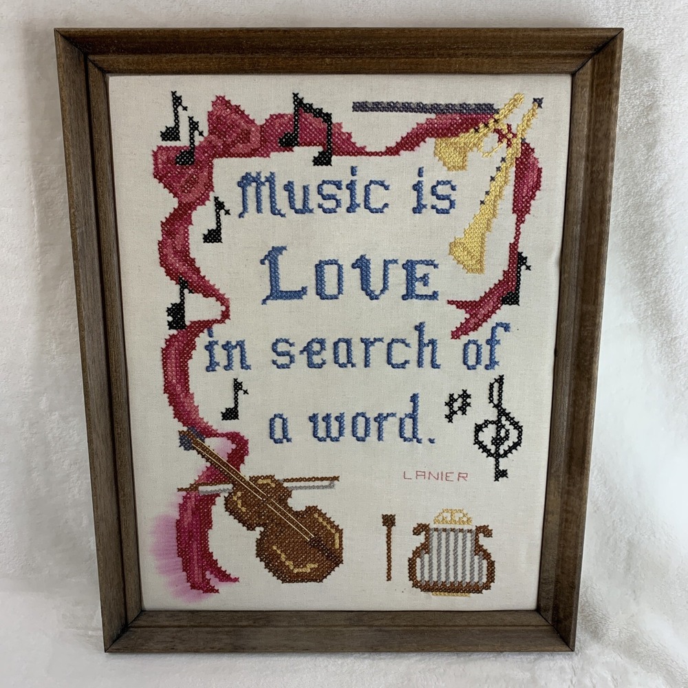 VTG Completed FRAMED Finished Embroidery Cross Stitch Music Is Love Needlepoint